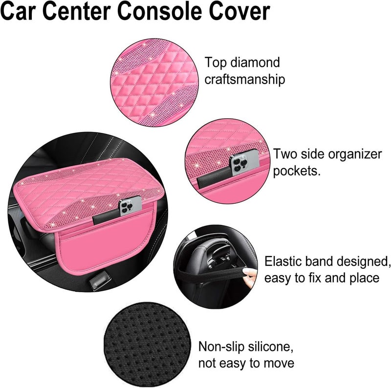 NBTEPEM Bling Pink Car Center Console Cover, Leather Middle Console Cover with 2 Storage Bags, Universal Arm Rest Cover Protector, Bling Car Accessories Interior Fit for Most Vehicles, Pink Leather - Image 3